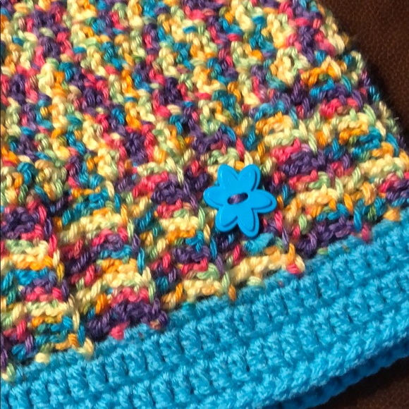 Ladies winter beanie ski hat turquoise new hand crochet by me #356 - Picture 2 of 8